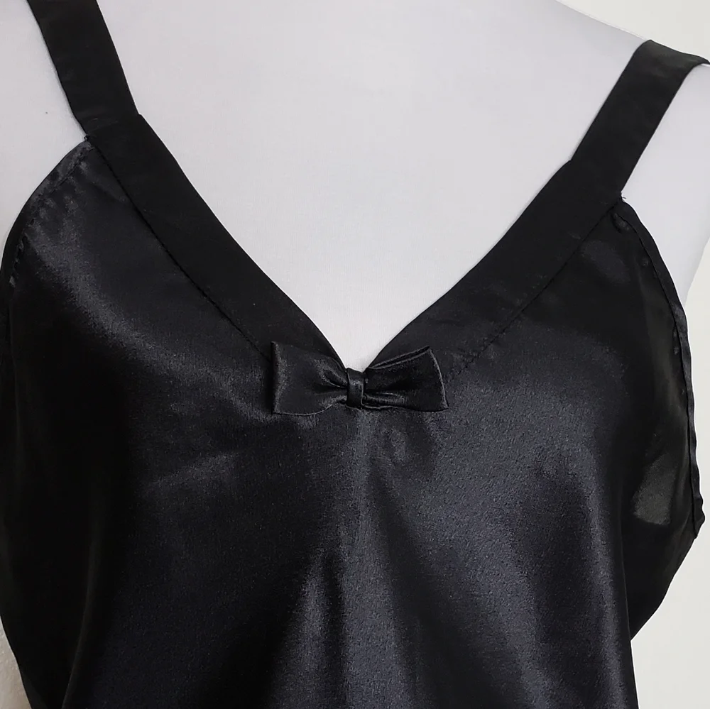 Vintage Black Satiny Night Slip Lingerie Chemise 80s Luxury Sexy Comfy Intimate